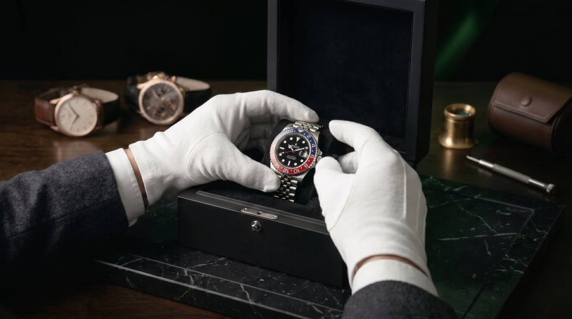 A gloved specialist presenting a steel GMT-Master II on a dark tray
